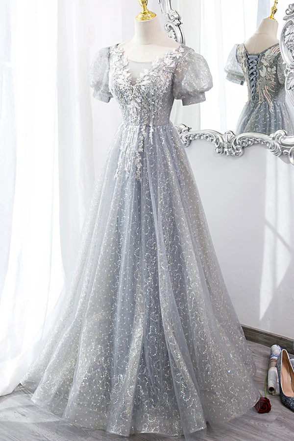 Wholesale Gray Lace Long A-Line Prom Dress with Sequins Cute Short Sleeve Evening Dress